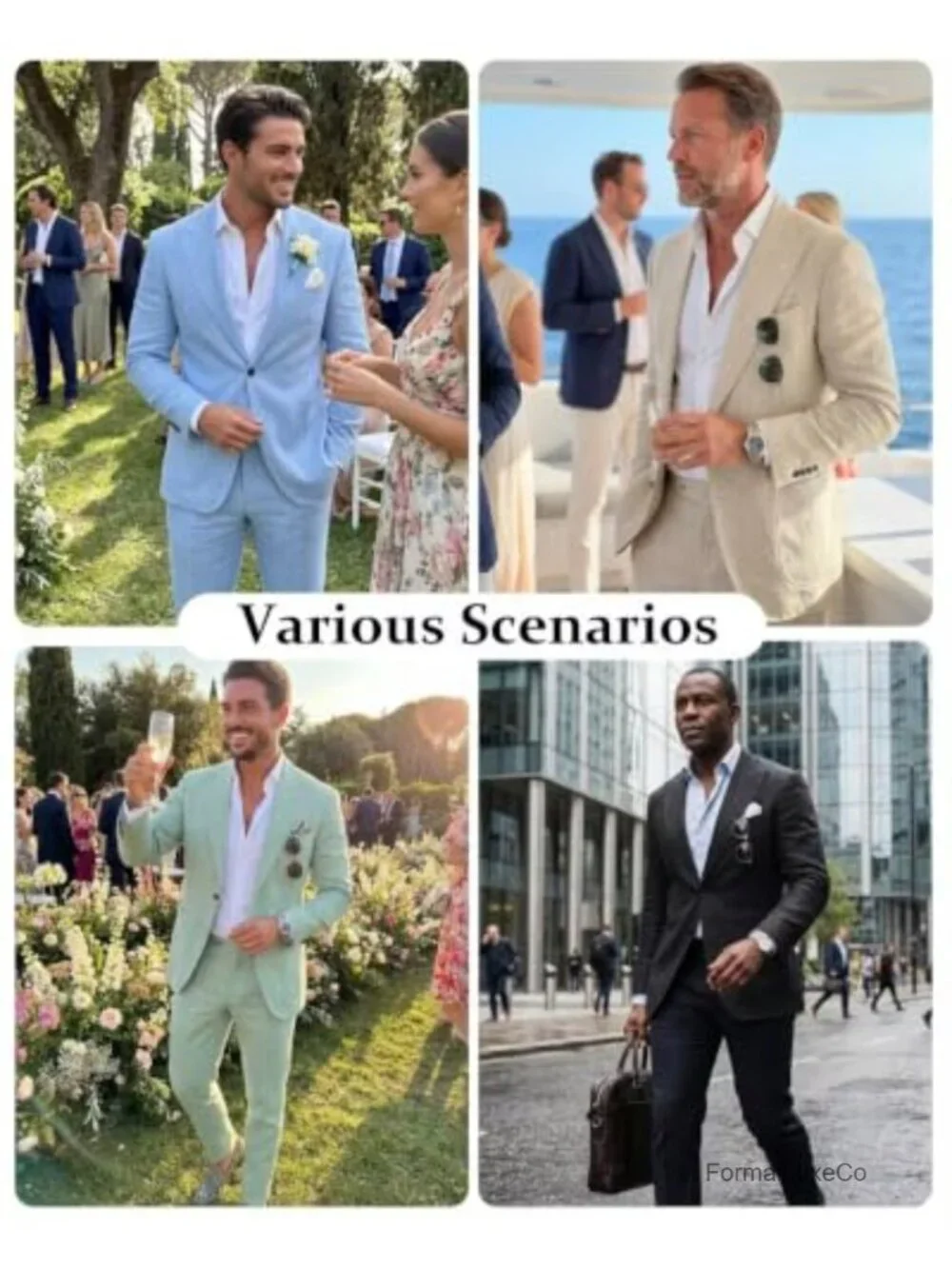 Men's Linen Blend 2-Piece Suit Set Slim Fit Peak Lapel Summer Wedding